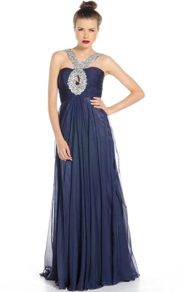 Straps Maxi Beaded Chiffon Prom Dress With Pleats