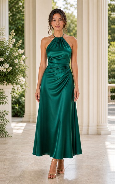 Dark Green Halter Satin Floor-length Sheath Dress