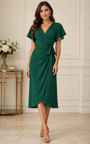 Wrap V-Neck Flutter Sleeve Tea-Length Dress