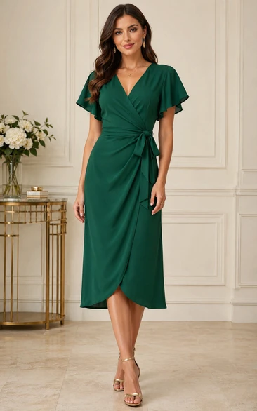 Wrap V-Neck Flutter Sleeve Tea-Length Dress