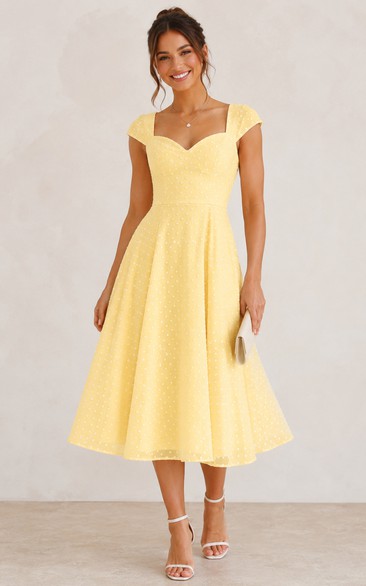 Daffodil Cap Sleeve Sweetheart Tea-Length A-Line Dress