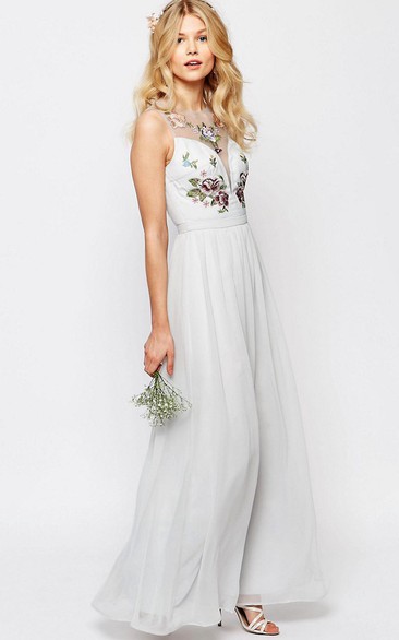 Ankle-Length Scoop Neck Sleeveless Embroidered Chiffon Bridesmaid Dress