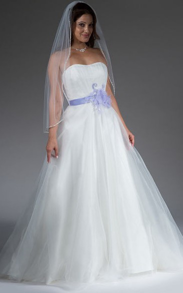 Strapless A-line Organza Bridal Gown With Purple Flower Sash