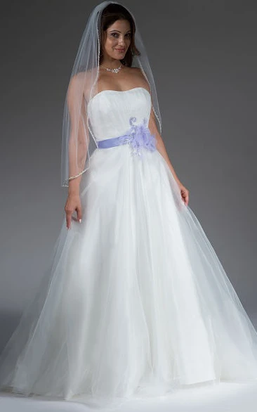 Strapless A-line Organza Bridal Gown With Purple Flower Sash