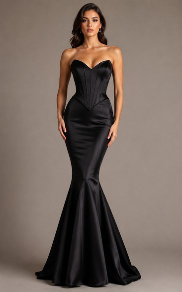 Black Satin Mermaid Prom Dress Strapless Corset Bodice Floor Length Gown