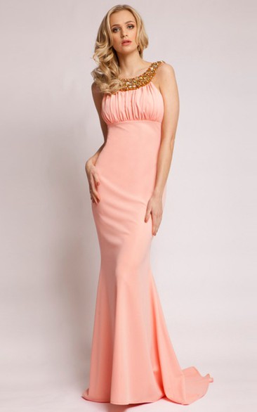 Sheath Sleeveless Floor-Length Scoop-Neck Beaded Jersey Prom Dress With Ruching