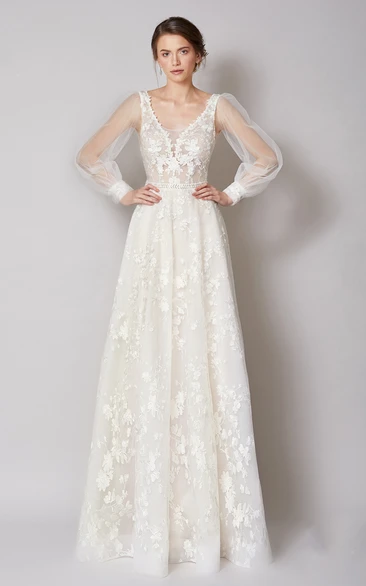Elegant A Line Lace V-neck Bridal Dress with Appliques