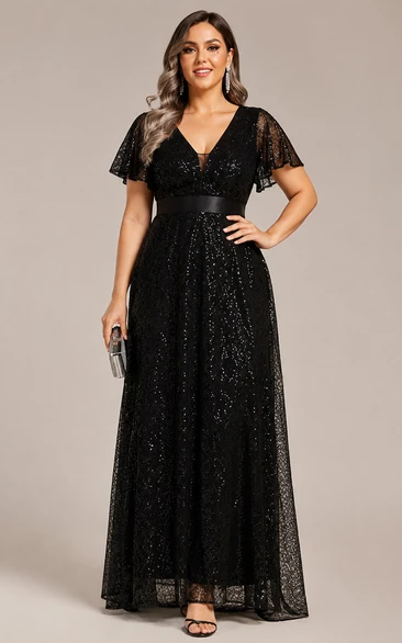 Sequin Mother of the Bride Dress in Black, V-neck A-Line Floor-Length Gown with Sequins and Sash/Ribbon