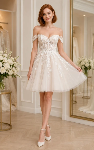 Vestido de novia corto de tul con hombros descubiertos y corpiño de corsé de encaje.
