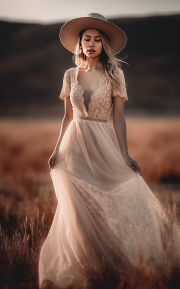 Lace V-neck Short-sleeve Flowy Boho Tulle Country Wedding Dress