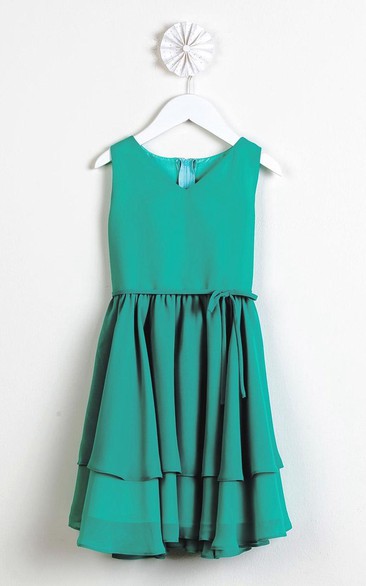 Straps Tiered Pleated Chiffon Flower Girl Dress With Sash