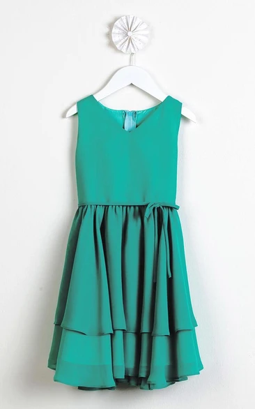 Straps Tiered Pleated Chiffon Flower Girl Dress With Sash