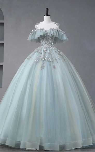 Light Blue Off-the-Shoulder Embroidered Ball Gown