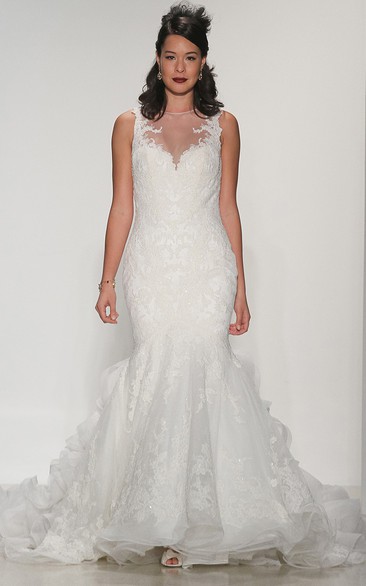 Mermaid Floor-Length Jewel Appliqued Sleeveless Lace Wedding Dress With Ruffles And Illusion Back