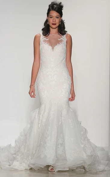 Mermaid Floor-Length Jewel Appliqued Sleeveless Lace Wedding Dress With Ruffles And Illusion Back