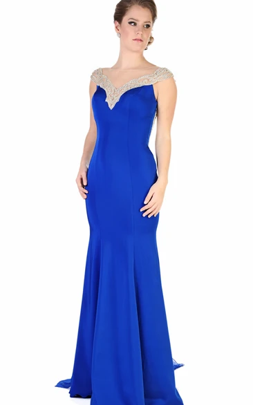 Sheath Cap-Sleeve Beaded Maxi Jersey Evening Dress With Pleats