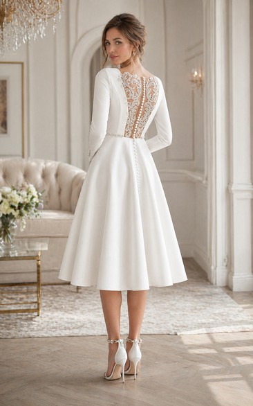 Tea-length Bateau Neck Satin Lace Sheath Dress Daffodil main image 1