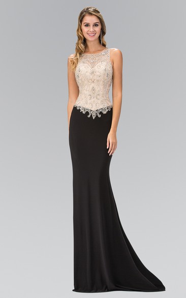 Sheath Scoop-Neck Sleeveless Jersey Illusion Dress With Beading