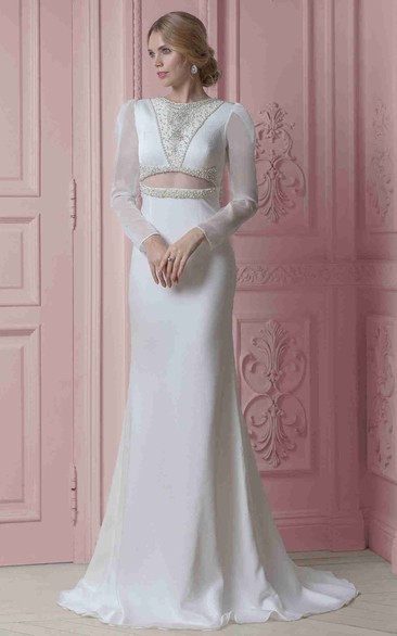 Sheath Long Scoop-Neck Long-Sleeve Chiffon Wedding Dress With Beading And V Back