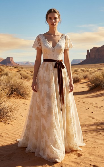 Country Boho V-Neck Wedding Dress - Flutter Sleeve Lace Gown with Velvet Bow Sash
