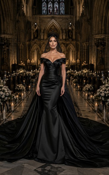 Black Off-the-Shoulder Satin Mermaid Wedding Dress with Overskirt
