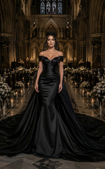 Black Off-the-Shoulder Satin Mermaid Wedding Dress with Overskirt