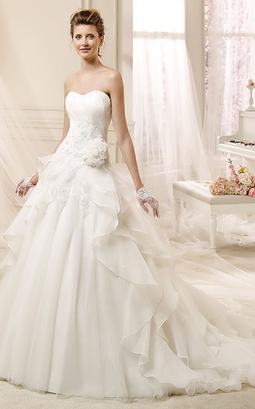 Strapless A-line Wedding Dress with Flowers and Ruffles 
