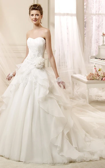 Strapless A-line Wedding Dress with Flowers and Ruffles 