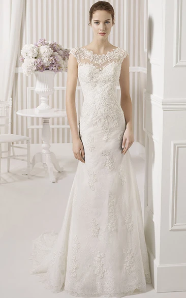 Sheath Floor-Length Scoop Appliqued Cap-Sleeve Lace Wedding Dress With Court Train And Illusion Back