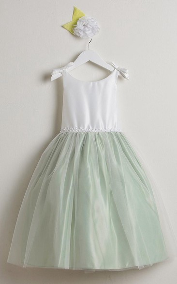 Tea-Length Sleeveless Bowed Tulle&Satin Flower Girl Dress