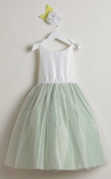 Tea-Length Sleeveless Bowed Tulle&Satin Flower Girl Dress