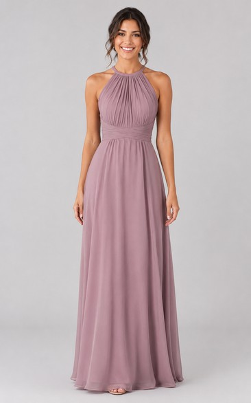 Dusty Rose High Neck Chiffon A-Line Bridesmaid Dress