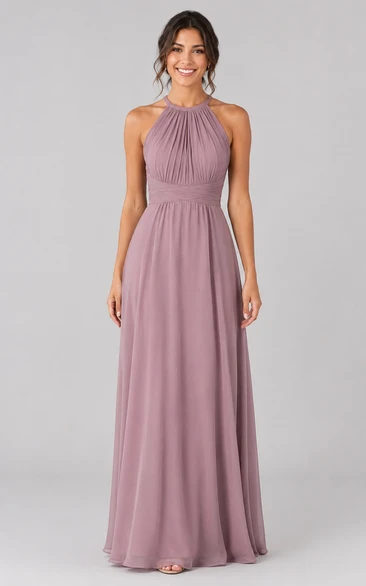 Dusty Rose High Neck Chiffon A-Line Bridesmaid Dress