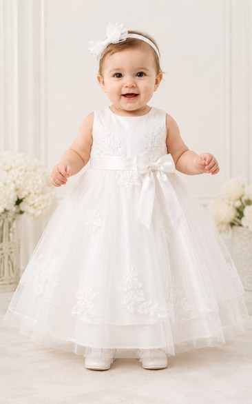 Baby Christening Gown Modest A-Line Cap Sleeve Tulle Lace Tea-Length with Bow Sash in White