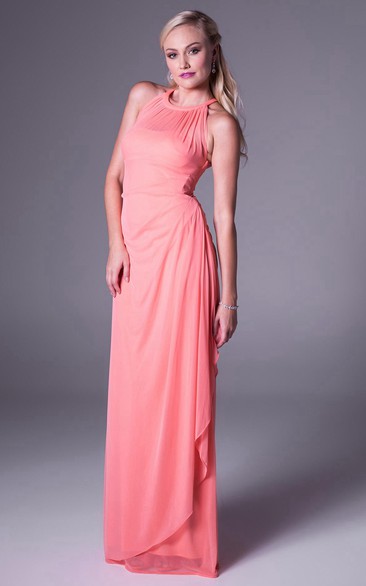 Sleeveless Scoop-Neck Chiffon Bridesmaid Dress With Draping And Illusion
