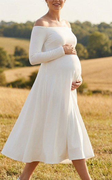 Long Sleeve Off Shoulder Tea Length Maternity Wedding Dress in Simple Chiffon