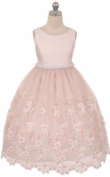 Tea-Length Floral Beaded Lace&Organza Flower Girl Dress With Ribbon