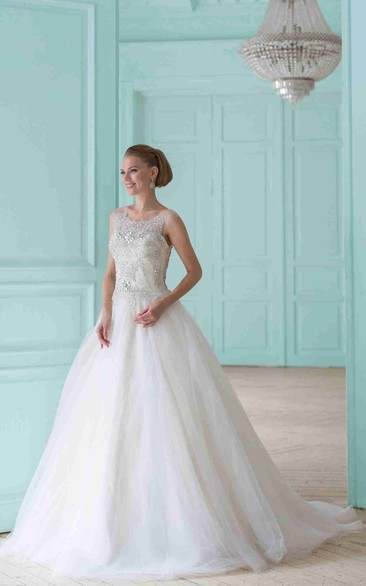 A-Line Floor-Length Sleeveless Scoop-Neck Beaded Tulle Wedding Dress With Ruffles