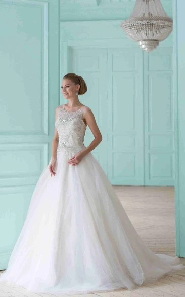 A-Line Floor-Length Sleeveless Scoop-Neck Beaded Tulle Wedding Dress With Ruffles