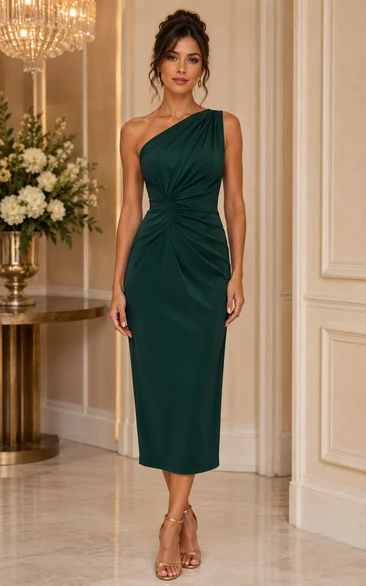 Dark Green One-Shoulder Ruched Sheath Dress