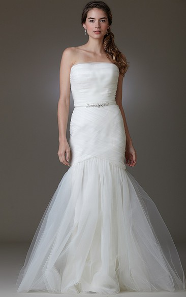 Mermaid Sleeveless Rufflesd Strapless Maxi Tulle Wedding Dress With Waist Jewellery