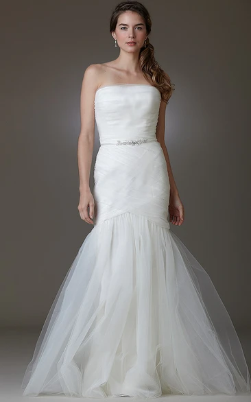 Mermaid Sleeveless Rufflesd Strapless Maxi Tulle Wedding Dress With Waist Jewellery