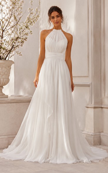 Halter Beach A-Line Wedding Dress with Pleated Chiffon Skirt and Train