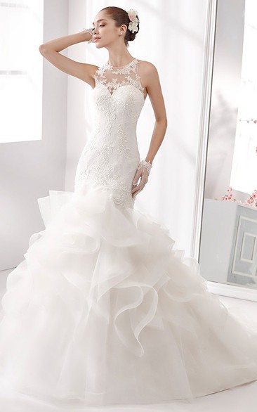 Jewel-Neck Mermaid Lace Gown With Illusive Neckline And Ruching Train