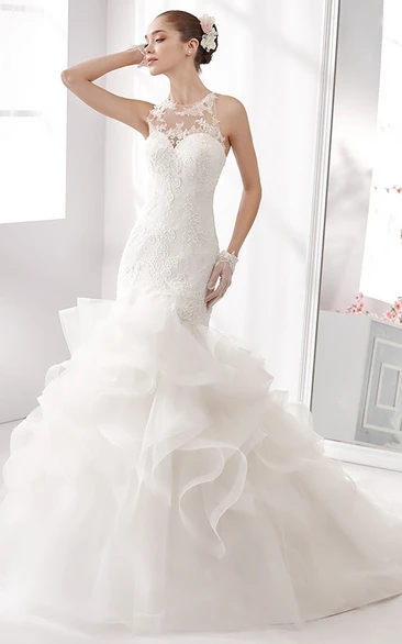 Jewel-Neck Mermaid Lace Gown With Illusive Neckline And Ruching Train