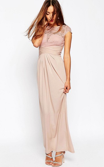 Ankle-Length Sheath Ruched Jewel Neck Cap Sleeve Chiffon Bridesmaid Dress