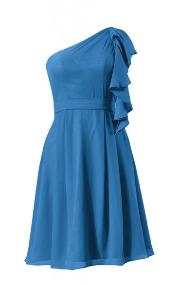 One-shoulder Drapped Sleeve Knee-length Pleated Chiffon Dress