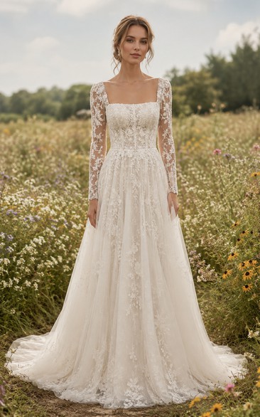 Modest A-Line Wedding Dress Long Sleeve Square Neck Tulle Lace Applique Floor Length Chapel Train Ivory