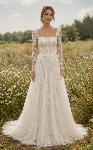 Modest A-Line Wedding Dress Long Sleeve Square Neck Tulle Lace Applique Floor Length Chapel Train Ivory