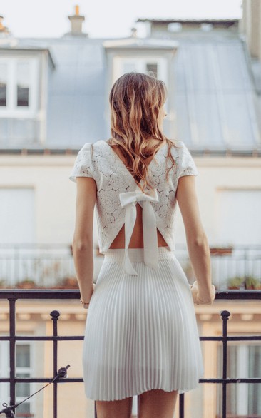 Adorable Scoop Neck Cap Sleeve Two Piece Wedding Dress with Ruching and Bow